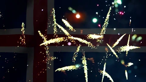 Bright golden fireworks exploding in the night sky over the national flag o.. Vídeos de archivo 343690842