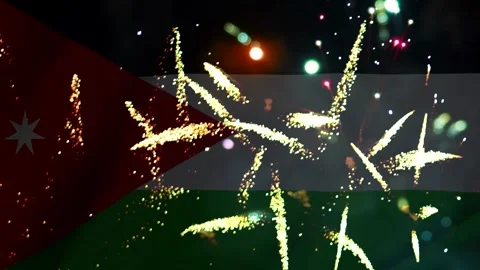 Bright golden fireworks exploding in the night sky over the national flag o.. Video stock 343690845
