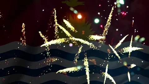 Bright golden fireworks exploding in the night sky over the national flag o.. Video stock 343690846