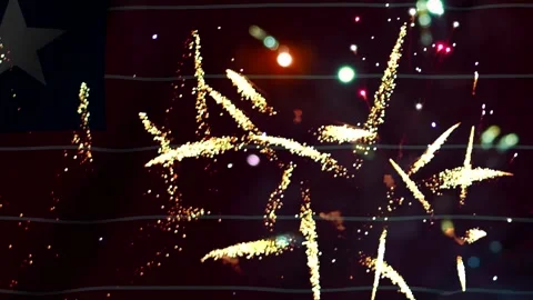 Bright golden fireworks exploding in the night sky over the national flag o.. Vídeo Stock 343690847