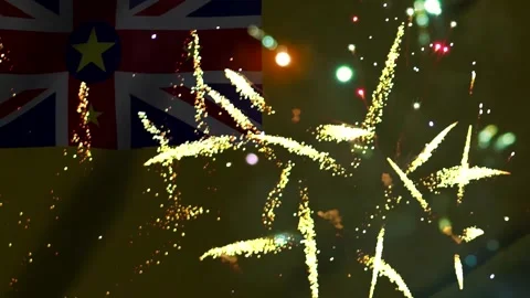 Bright golden fireworks exploding in the night sky over the national flag o.. Video stock 343690860