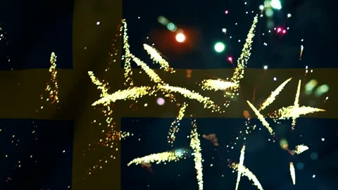 Bright golden fireworks exploding in the night sky over the national flag o.. Vídeo Stock 343690875