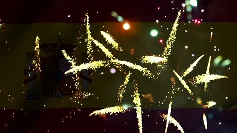 Bright golden fireworks exploding in the night sky over the national flag o.. Vídeo Stock 343690876