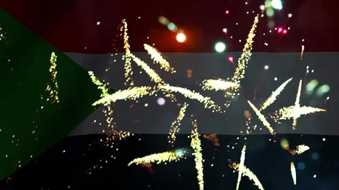 Bright golden fireworks exploding in the night sky over the national flag o.. Video stock 343690884