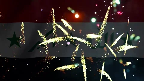 Bright golden fireworks exploding in the night sky over the waving national.. 库存影片 343690895