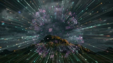 Bright golden fireworks exploding in the night sky with light trails and motion Stockbeeldmateriaal 346358967