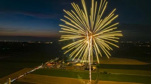 Bright Golden Fireworks Exploding In The Night Sky, Creating Radiant Bursts.. Stock Photos