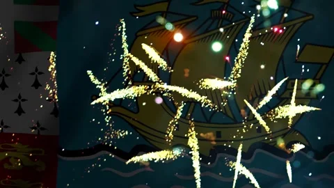 Bright golden fireworks exploding over the flag of Saint Pierre and Miquelon Stock Footage 343690905