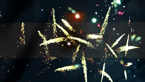 Bright golden fireworks exploding over the national flag of Argentina backg.. Stock-Footage 343690919