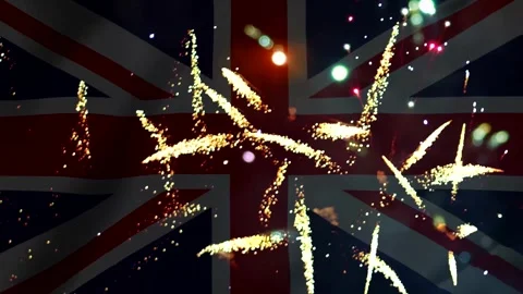 Bright golden fireworks exploding over the flag of the united kingdom Video stock 343690922