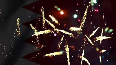 Bright golden fireworks exploding over the national flag of bahrain during .. Stock Footage 343690930