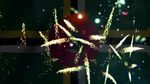 Bright golden fireworks exploding over the national flag of Dominica celebr.. Video stock 343690938