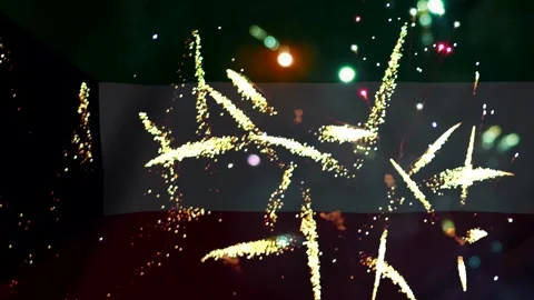 Bright golden fireworks exploding over the national flag of Kuwait represen.. Stock Footage 343690946