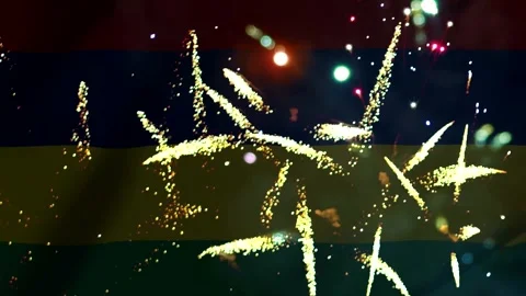 Bright golden fireworks exploding over the national flag of Mauritius for i.. Video stock 343690959