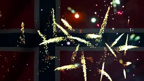 Bright golden fireworks exploding over the national flag of norway on const.. Video stock 343690960