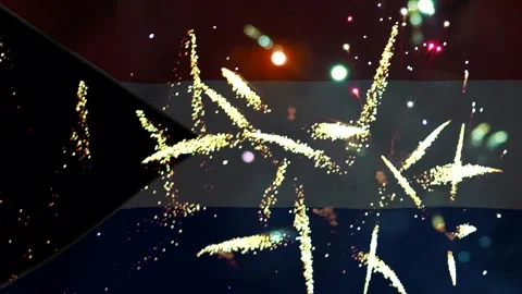 Bright golden fireworks exploding over the national flag of south sudan dur.. Stock Footage 343690962