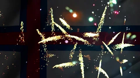 Bright golden fireworks exploding over the national flag of the faroe islan.. Vídeo Stock 343690965