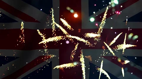 Bright golden fireworks exploding over the national flag of the united king.. Vídeo Stock 343690968