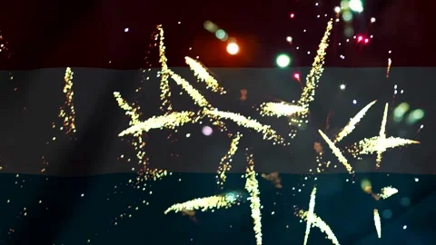 Bright golden fireworks exploding over the national flag of the yemen Video stock 343690973