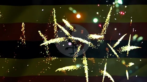 Bright golden fireworks exploding over the national flag of uganda celebrat.. Video stock 343690991