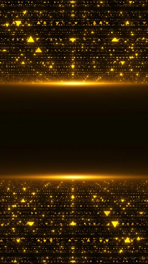Bright golden geometric particle backdrop rows of triangles, central flare, dark Stock Footage 340455521