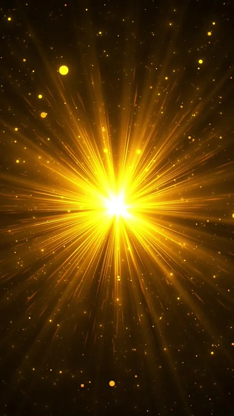 Bright golden light burst background intense central glow, flying particles, rad Stock Footage 340478693