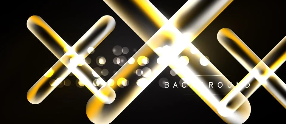 Bright golden lines intersect over black background. Circular light effects a Stock Illustration