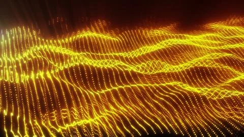 Bright golden particles form dynamic flowing waves against a warm background, Stock Illustration