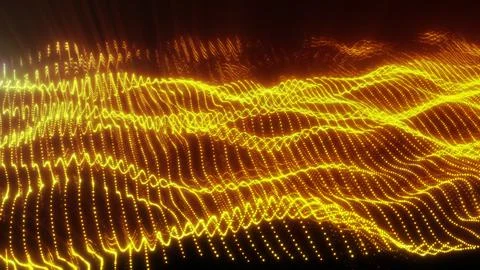 Bright golden particles form dynamic flowing waves against a warm backgroun.. 스톡 일러스트