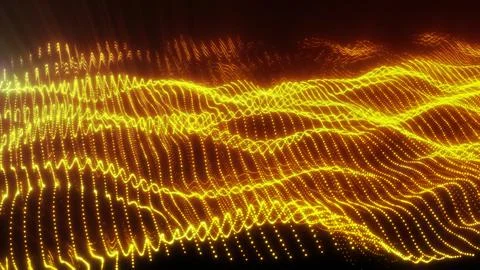 Bright golden particles form dynamic flowing waves against a warm backgroun.. Stockillustratie