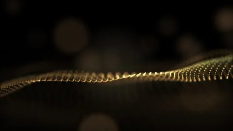 A bright golden particulate 3D rendered DNA on a black bokeh background. Stock Illustration