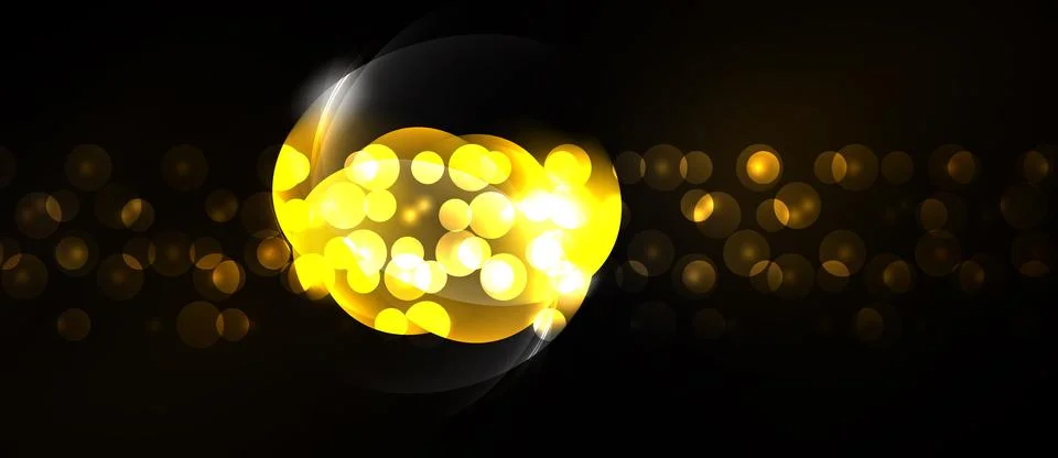 Bright golden sphere dominates dark background. Numerous small lights create Stock Illustration