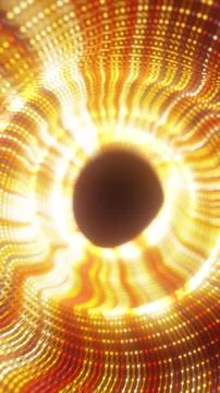 Bright golden spiral vortex made of glowing dots and waves, forming a radia.. Stockillustratie