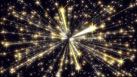 Bright golden stars exploding outward in a dark space background Stockillustratie