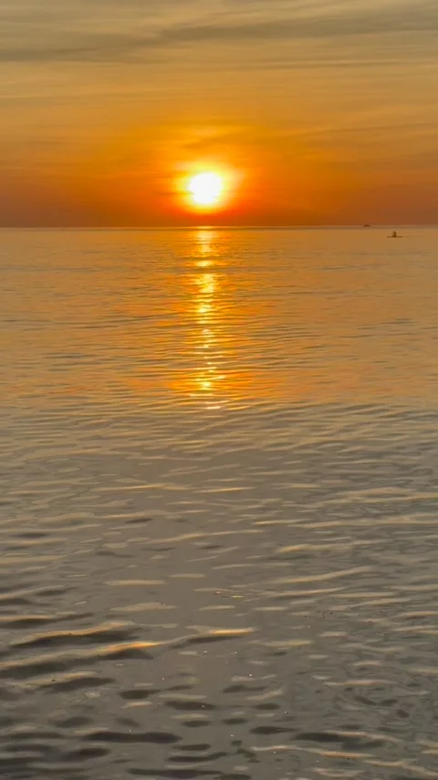 Bright golden sun rises above calm sea, casting shimmering reflections across Stock Footage 339897741