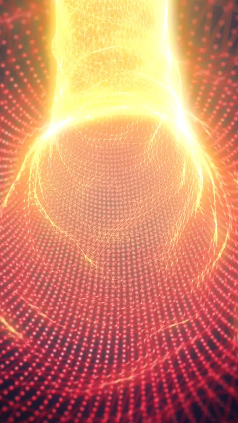 Bright golden wireframe column with red digital mesh, glowing particles, an.. Stock Footage 336307807