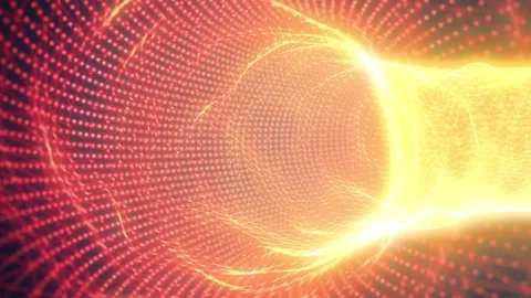 Bright golden wireframe column with red digital mesh, glowing particles Stock Footage 337434294