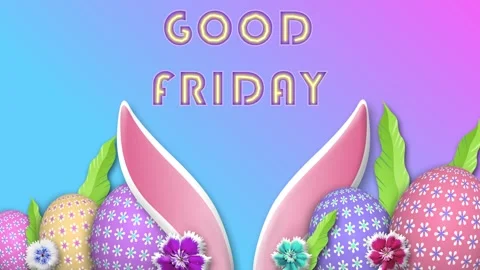 Bright good friday text on blue and pink gradient background with bunny ear.. Stock Footage 306075296
