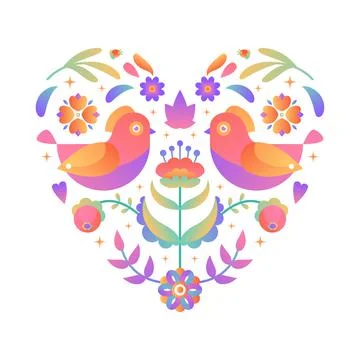 Bright gradient heart shape with flowers, birds and leaves. Romantic gradient Stock Illustration