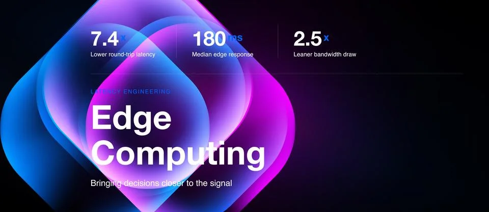 Bright graphic promotes edge computing benefits. Numbers highlight latency, Stock Illustration