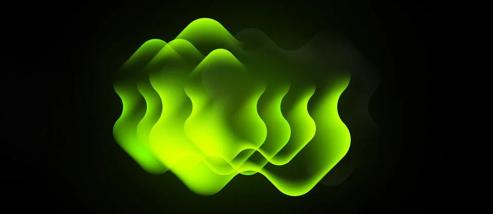 Bright green abstract layers overlap, creating fluid shapes against dark Stock Illustration