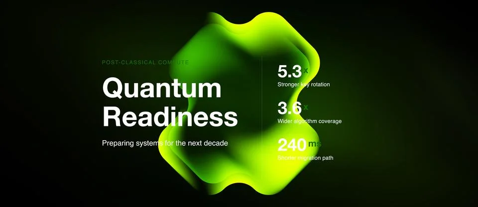Bright green abstract shape dominates dark background. Text highlights quantu Stock Illustration