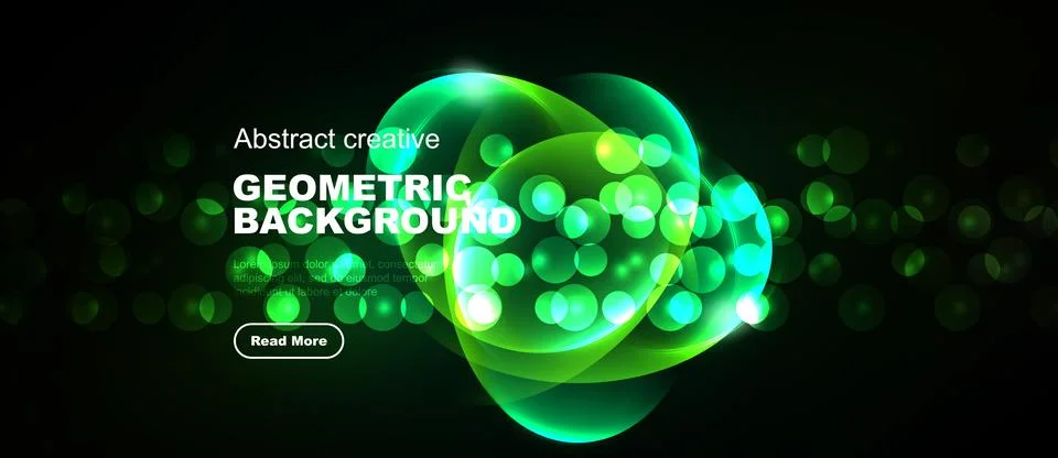 Bright green abstract shapes float over dark background. Text reads geometric 스톡 일러스트