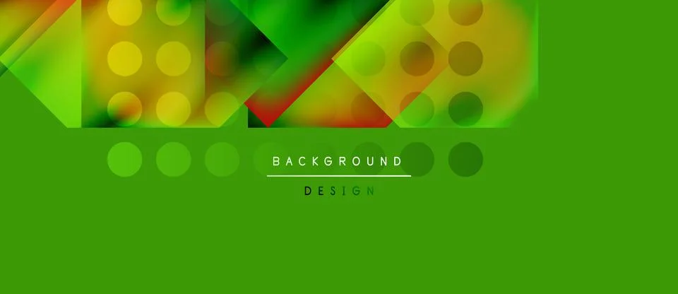 Bright green background features geometric shapes, circles, triangles. Modern Illustrazione stock