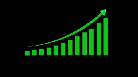 Bright green bar chart with an upward trending arrow on a solid black backg.. Stockillustratie