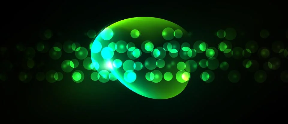 Bright green bubbles float against dark background. Light radiates, creating Stock Illustration