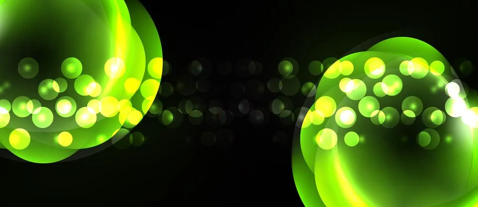Bright green bubbles float against dark background. Numerous small lights c.. Stock Illustration