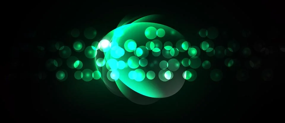 Bright green bubbles float against dark background. Light radiates, creating Stock Illustration