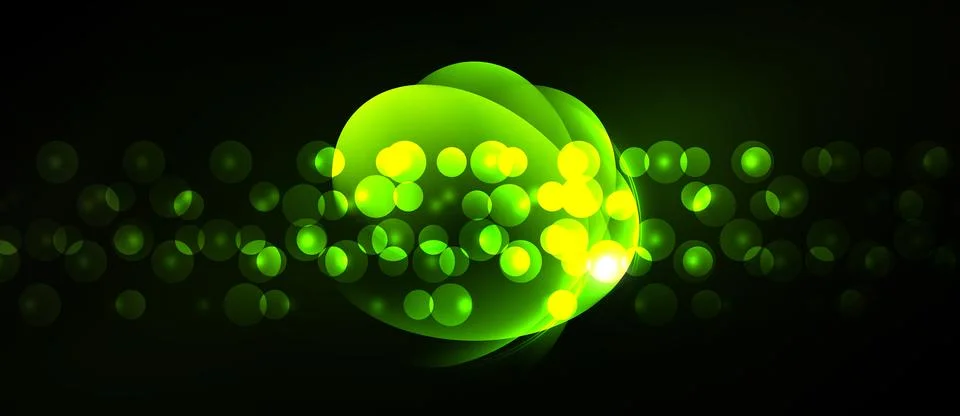 Bright green bubbles float against dark background. Light radiates, creating Illustrazione stock