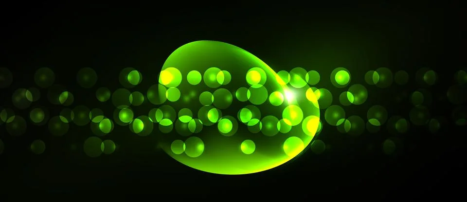 Bright green bubbles float against dark background. Light radiates from centr Illustration